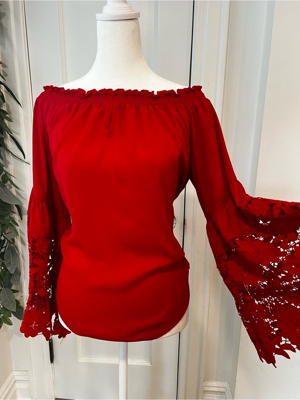 Joseph Ribkoff Red Off-Shoulder Lace Bell-Sleeve Blouse - Picture 8 of 9